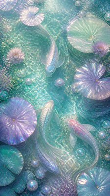 a koi pond with lily pads seen from above, no people — Mermaidcore Aesthetic wallpaper