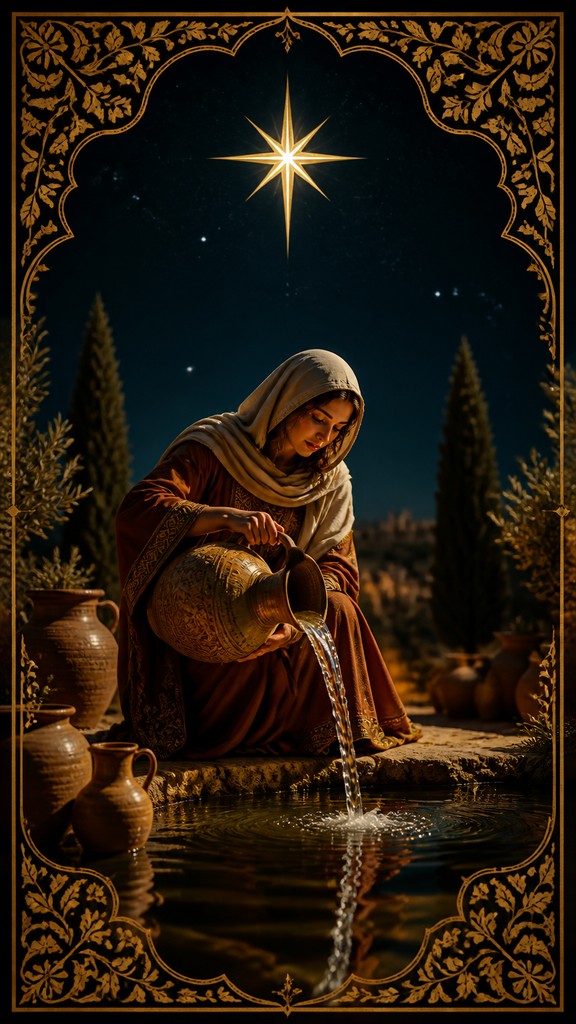 a robed figure pouring water beneath a large eight-pointed star in a night sky, symmetrical composition with an ornate decorative border, no text — Food Photography Still Life Art Style tarot card