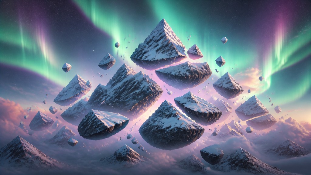 a flowing aurora over snowy peaks, wide sweeping composition, no people, no text — Floating Islands banner