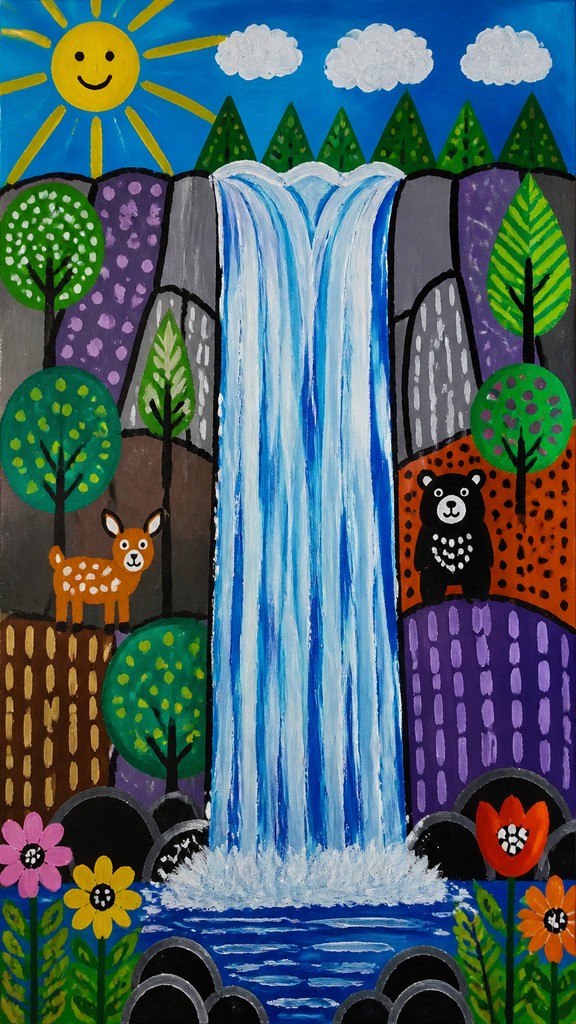 towering waterfall cascading down a cliff — Naive Art Style