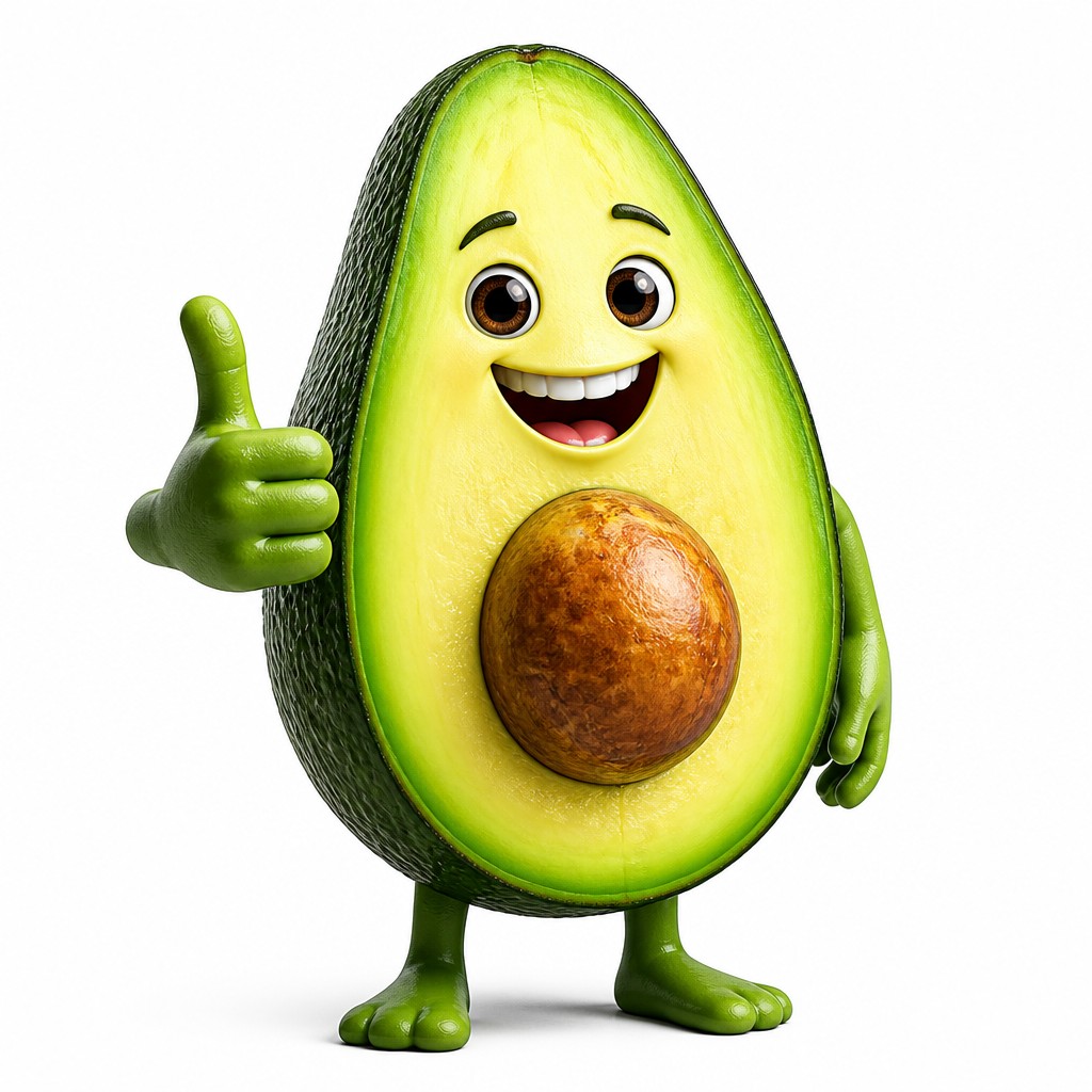 a happy avocado character giving a thumbs up, bold readable design on a plain background, no text — Photorealism Art Style sticker