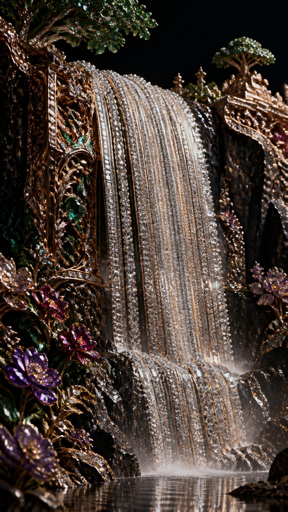 towering waterfall cascading down a cliff — Luxury High Jewelry Design