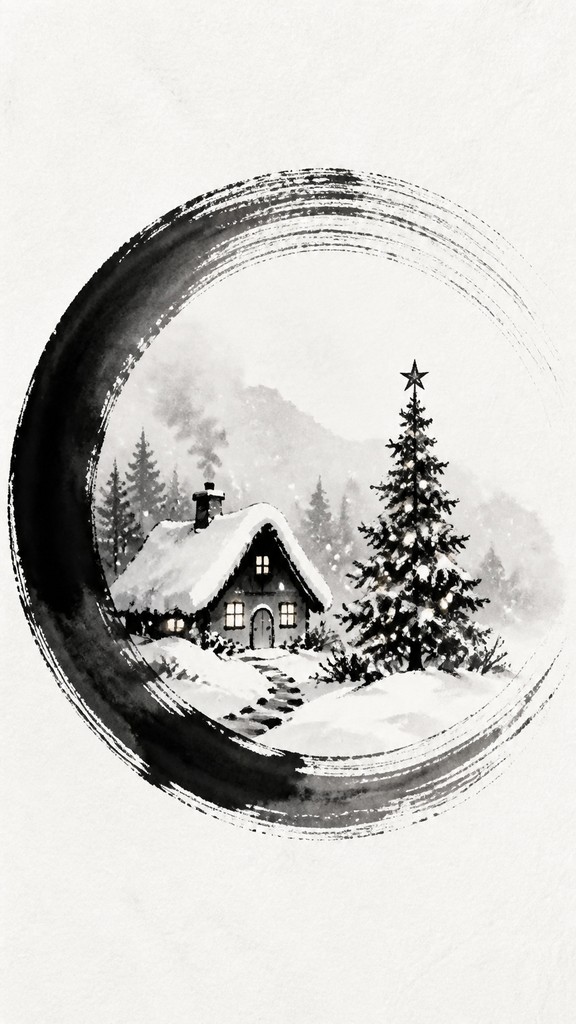 a snow-covered cottage with warm glowing windows beside a decorated pine tree, gentle snowfall, no text — Zen Circle Minimalism Art Style Christmas card