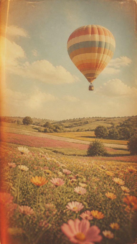 a hot air balloon drifting over rolling flower fields on a sunny day, cheerful, no text — Nostalgiacore Aesthetic greeting card