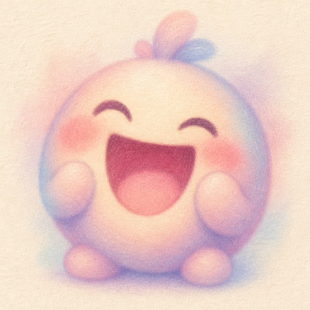 an exaggerated laughing face of an original round mascot character, bold and readable at small size, plain background, no text — Pastel Art Style Twitch emote