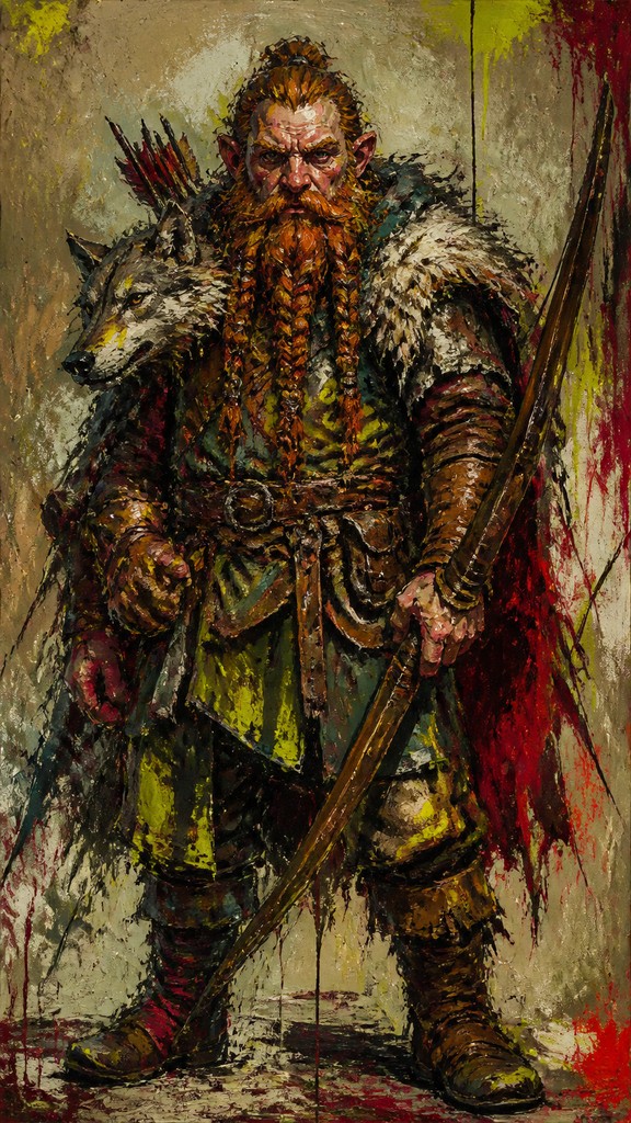 full-body original character: a dwarven ranger with a braided auburn beard, worn leather armor, a longbow and a wolf-pelt cloak, neutral background, no text — Neo-Expressionist Figurative Art Style tabletop character portrait