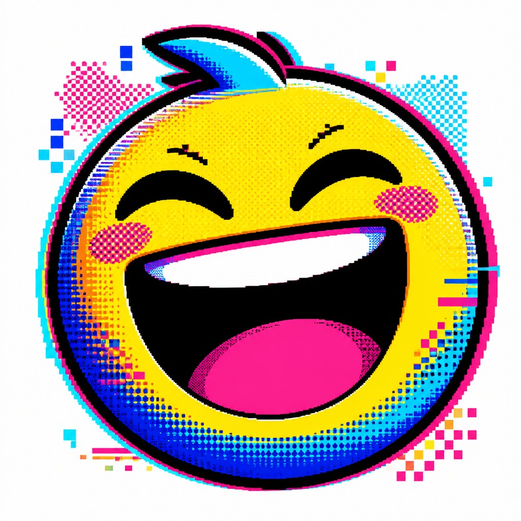 an exaggerated laughing face of an original round mascot character, bold and readable at small size, plain background, no text — Digital Pop Art Style Twitch emote