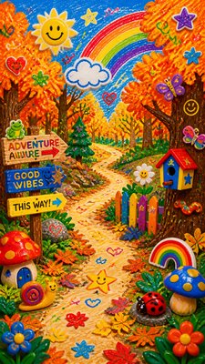 a winding forest path in golden autumn light, no people — Kidcore Aesthetic wallpaper