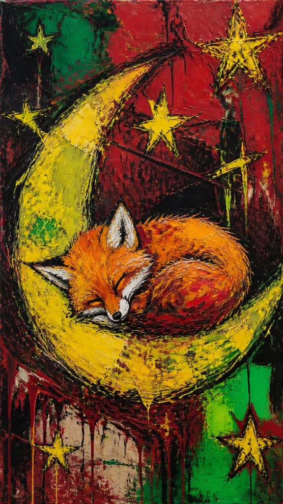 a sleeping baby fox curled on a crescent moon among soft stars, gentle and warm, no text — Neo-Expressionist Figurative Art Style baby announcement