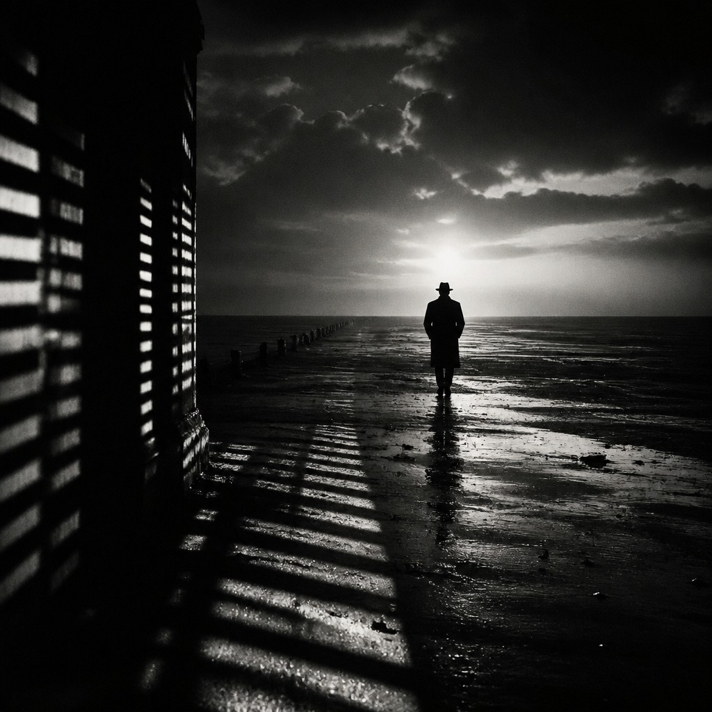 a solitary figure walking toward a glowing horizon across an empty plain, moody atmosphere, no text or lettering — Film Noir Aesthetic album cover