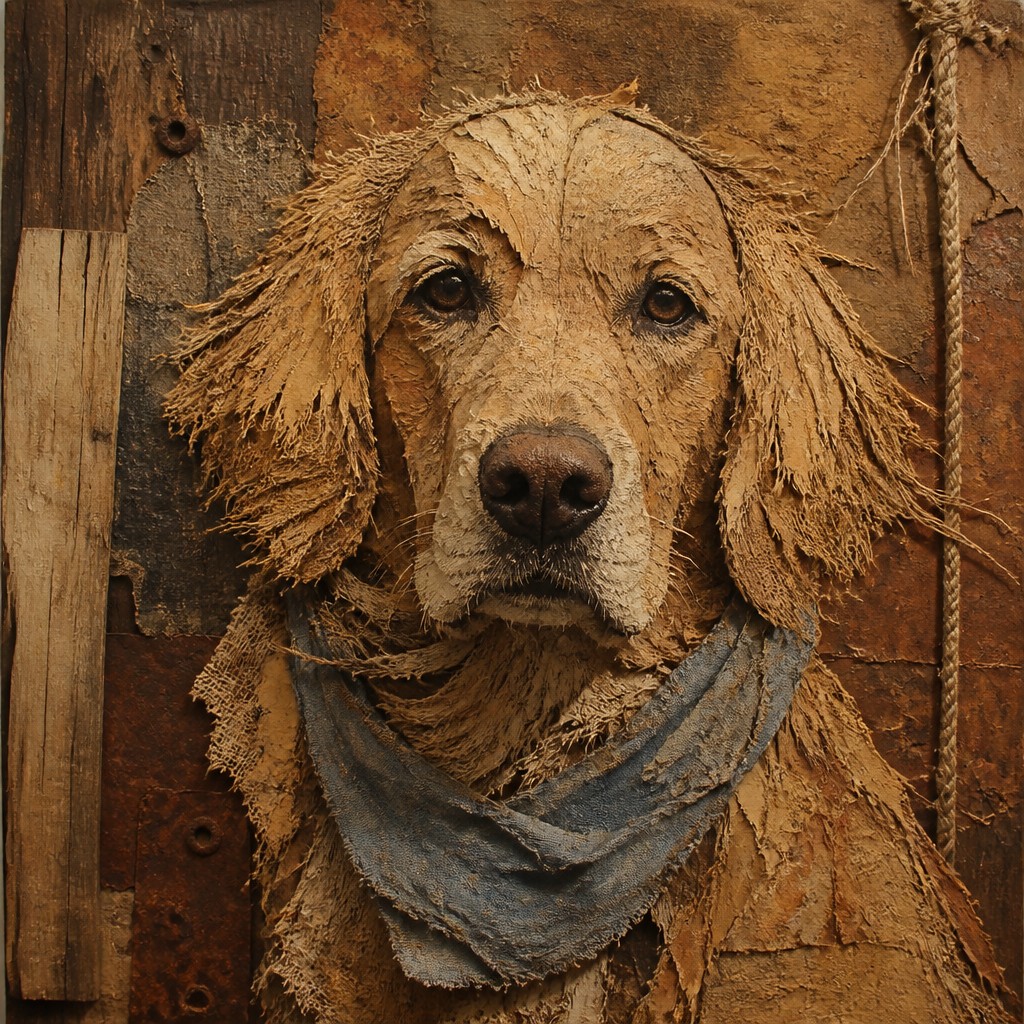 portrait of a golden retriever wearing a blue bandana, warm plain backdrop, no text — Arte Povera Art Style pet portrait