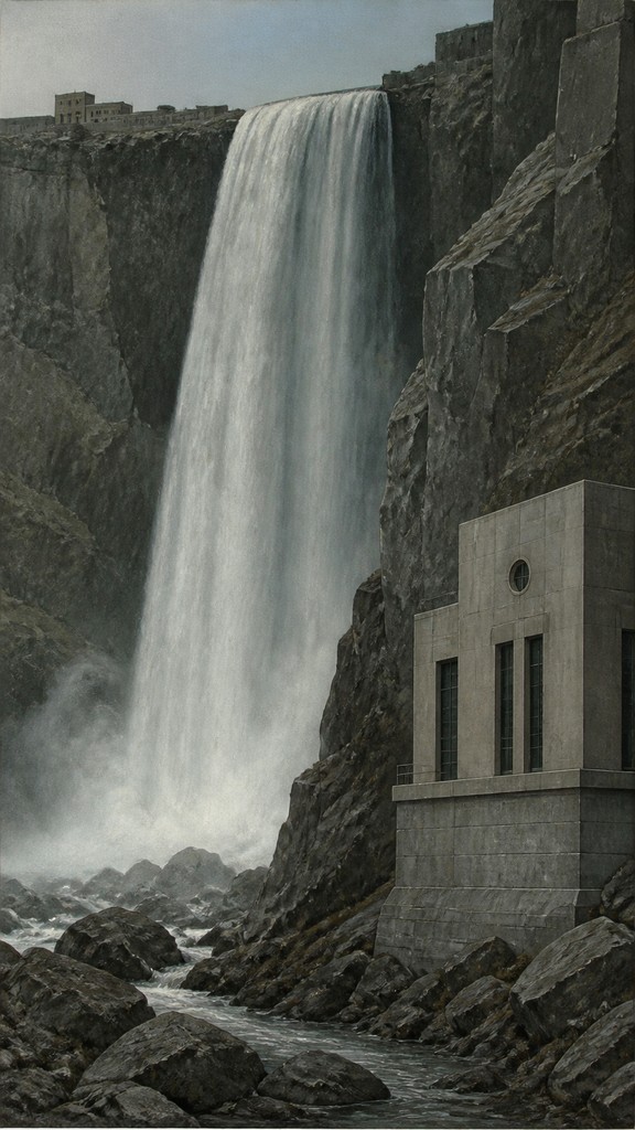 towering waterfall cascading down a cliff — New Objectivity Art Style