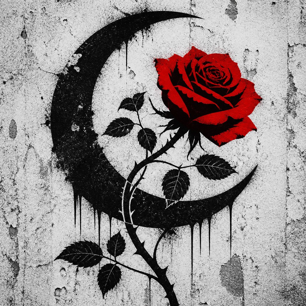 a rose entwined with a crescent moon, clean balanced composition on a plain background, no text — Stencil Street Art Style tattoo design