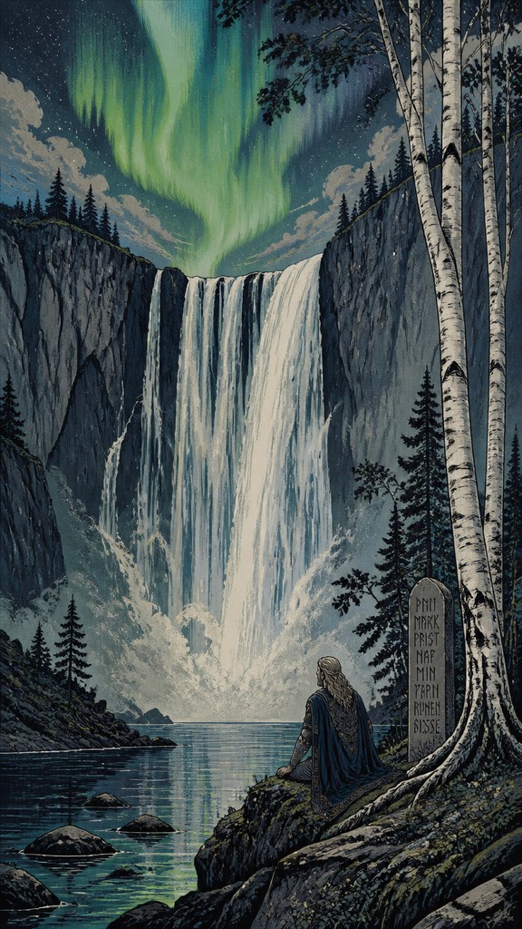 towering waterfall cascading down a cliff — Finnish Art Style