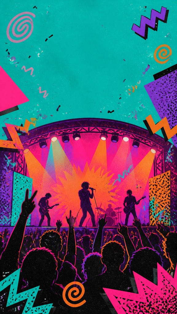 a live music scene with a glowing stage and silhouetted crowd, energetic vertical composition with open space at the top, no text — 90s Retro Aesthetic flyer