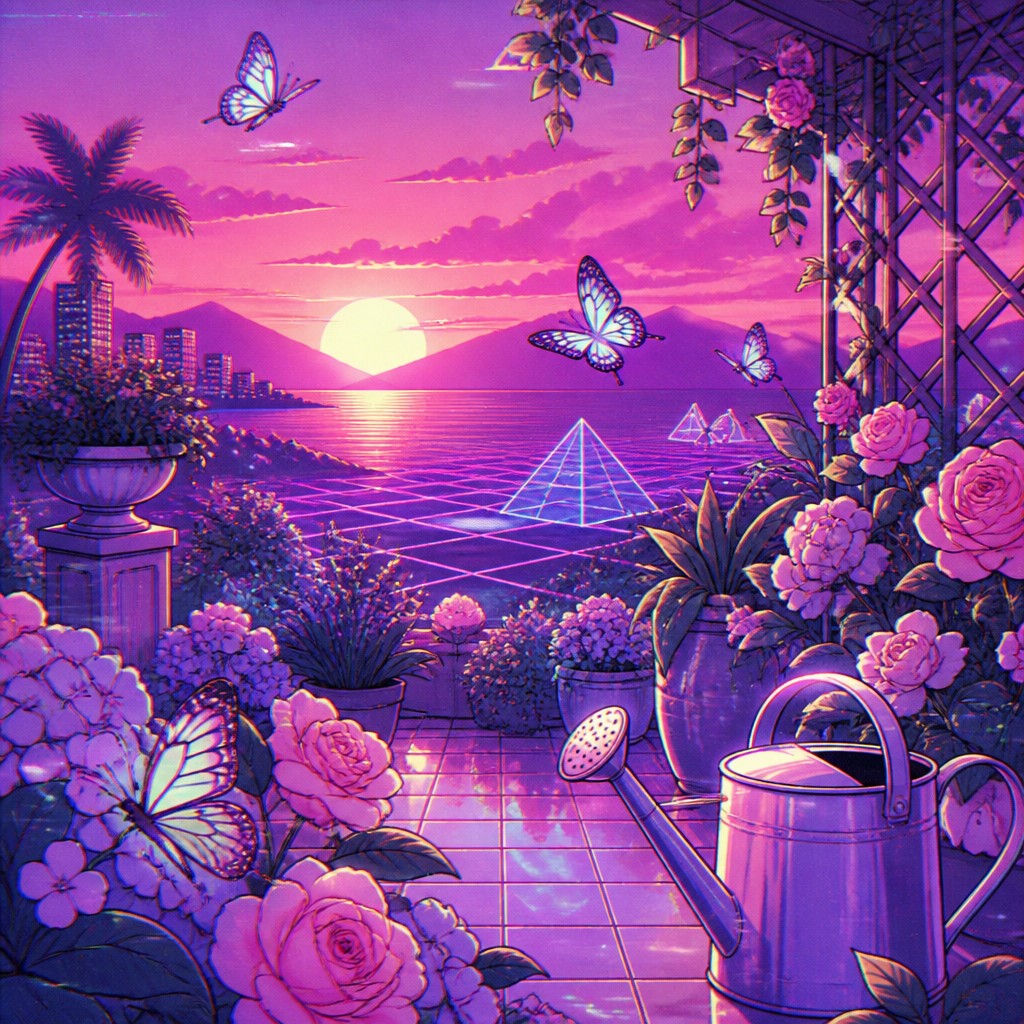a garden scene with butterflies, flowers and a watering can, clean uncolored line art, no text — Vaporwave Anime Aesthetic coloring page