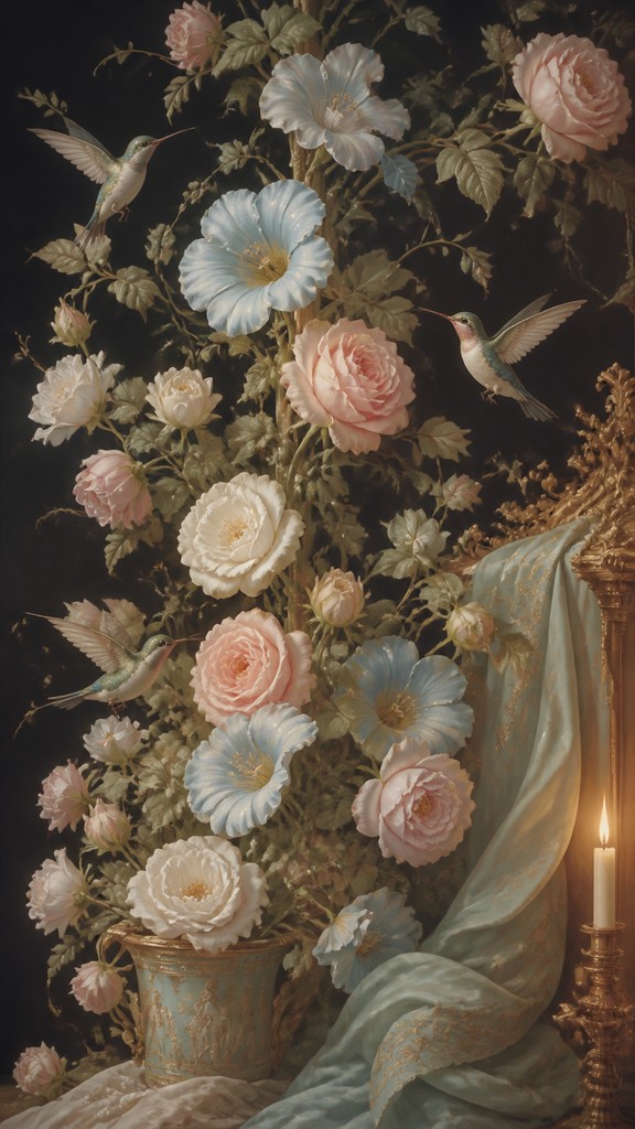 a climbing vine of flowers and hummingbirds on a dark background, tall wrapping composition, no text — Regencycore Aesthetic phone case design