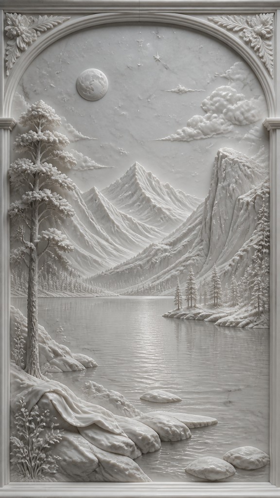 a tranquil mountain lake beneath a starry night sky, no people, no text — Classical Marble Sculpture Art Style phone wallpaper
