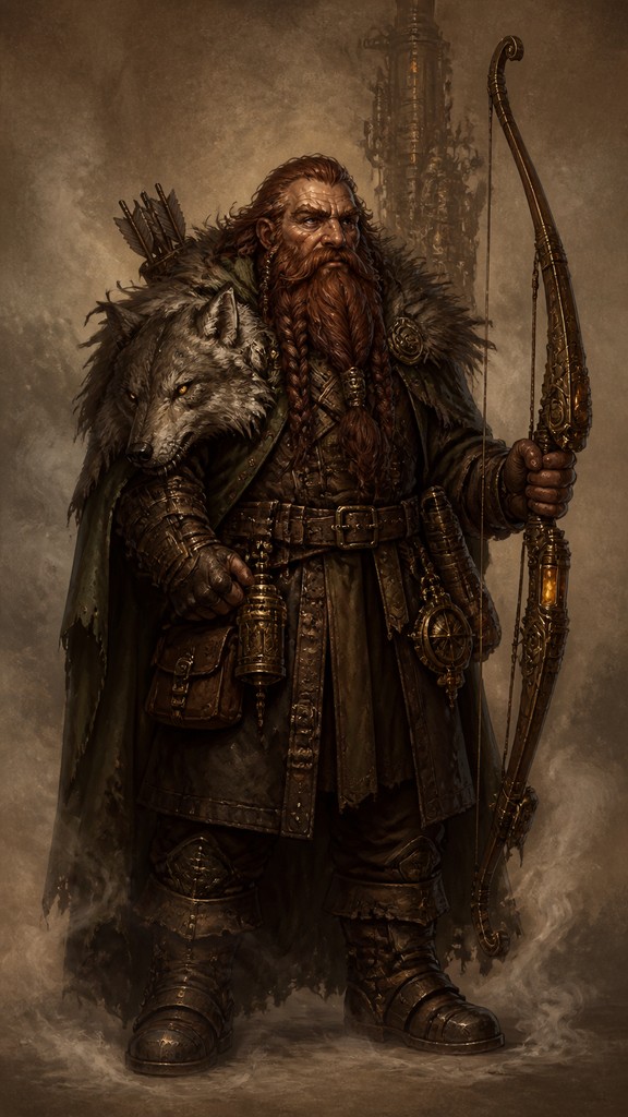 full-body original character: a dwarven ranger with a braided auburn beard, worn leather armor, a longbow and a wolf-pelt cloak, neutral background, no text — Steampunk Fantasy Art tabletop character portrait
