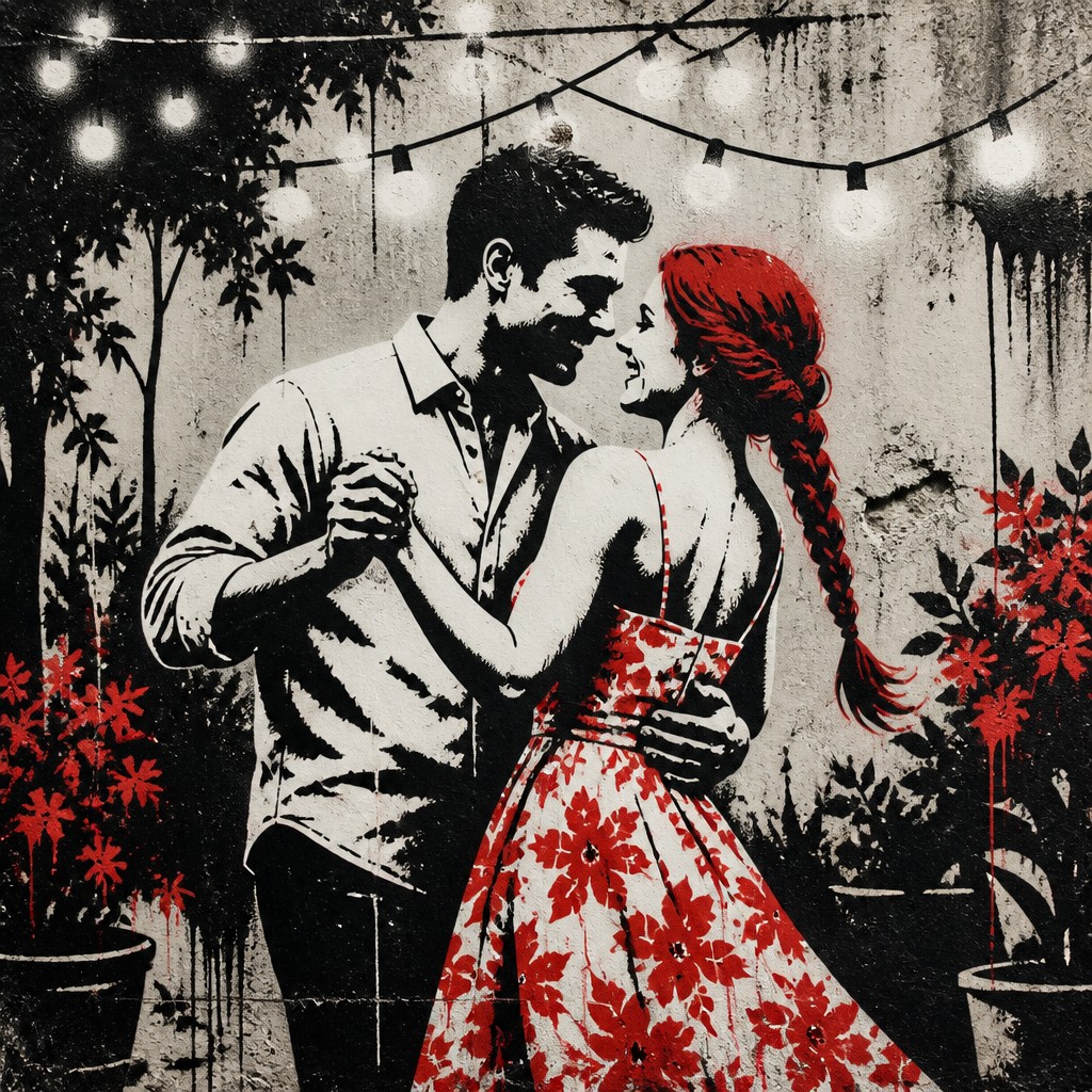 an original couple dancing under string lights in a garden at dusk: a man with short black hair in a linen shirt and a woman with braided red hair in a summer dress — Stencil Street Art Style couple portrait