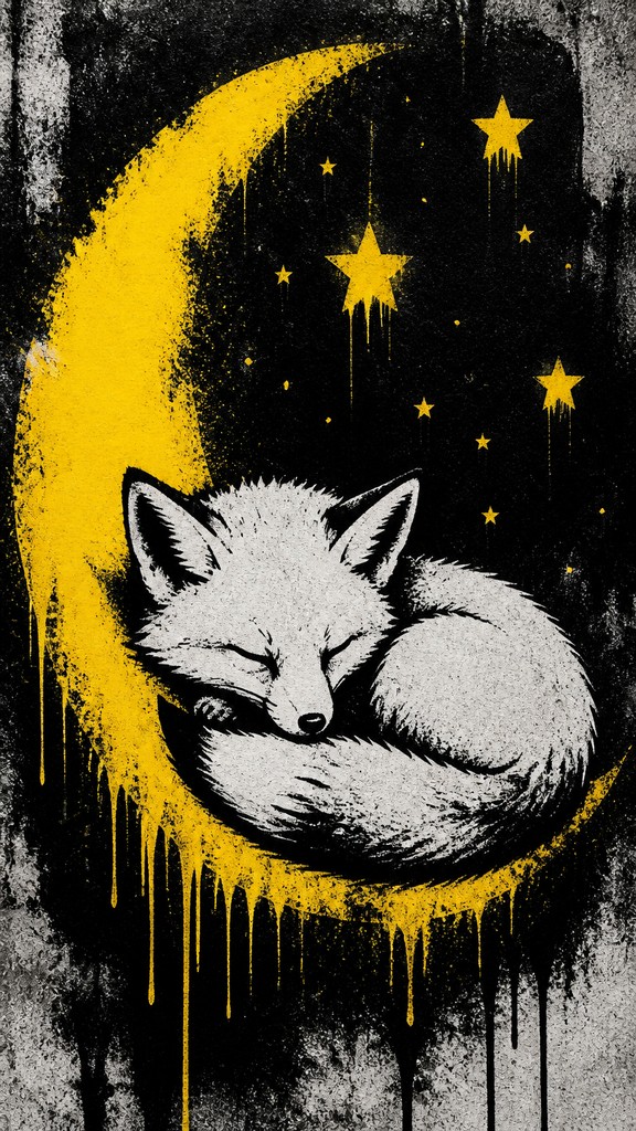 a sleeping baby fox curled on a crescent moon among soft stars, gentle and warm, no text — Stencil Street Art Style baby announcement