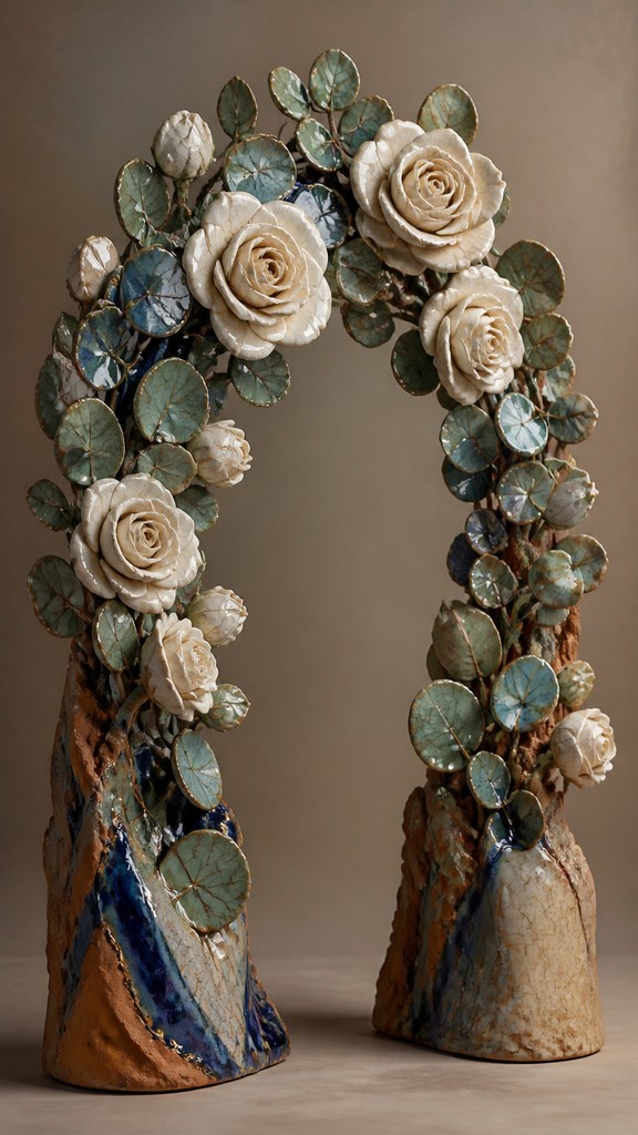 an arch of white roses and eucalyptus in soft morning light, elegant vertical composition with open space, no text — Ceramic Sculpture Art Style wedding invitation