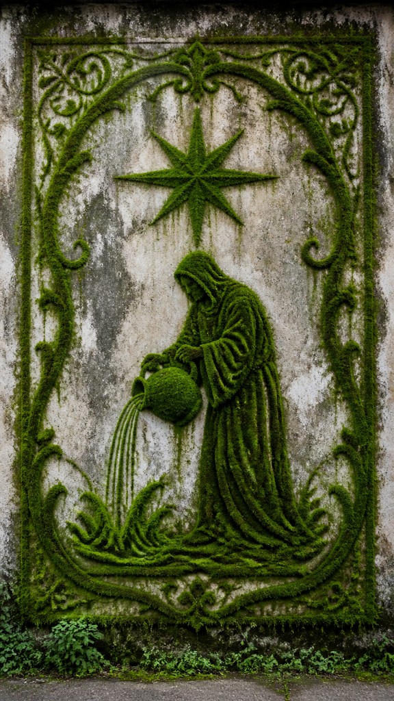 a robed figure pouring water beneath a large eight-pointed star in a night sky, symmetrical composition with an ornate decorative border, no text — Moss Graffiti Street Art Style tarot card