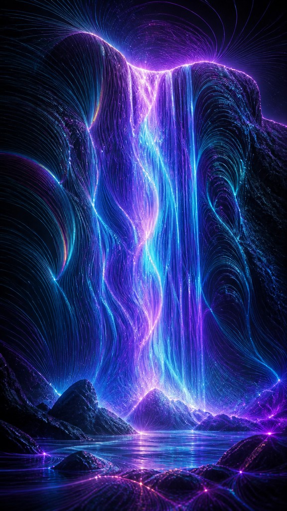 towering waterfall cascading down a cliff — Magnetic Field Visualization