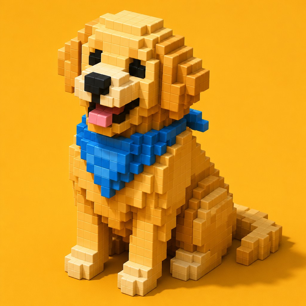 portrait of a golden retriever wearing a blue bandana, warm plain backdrop, no text — Voxel Art Style pet portrait