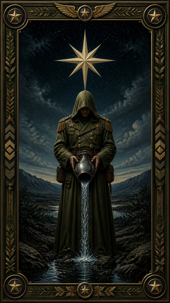 a robed figure pouring water beneath a large eight-pointed star in a night sky, symmetrical composition with an ornate decorative border, no text — Military-Inspired Fashion tarot card