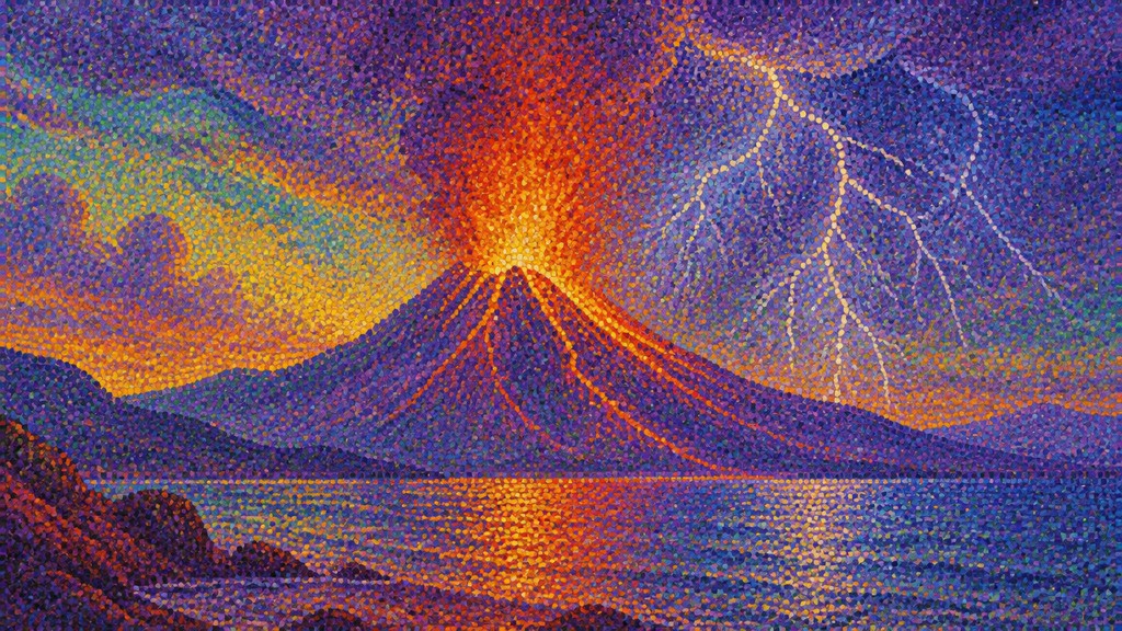 an erupting volcano with lightning strikes, dramatic wide composition, no text — Pointillist Impressionism Art Style YouTube thumbnail