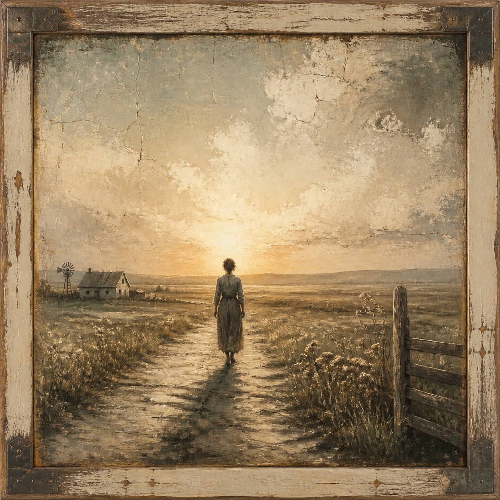 a solitary figure walking toward a glowing horizon across an empty plain, moody atmosphere, no text or lettering — Rustic Farmhouse Furniture Art album cover
