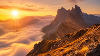 a wide alpine ridge above a sea of clouds, no people — Golden Hour Landscape Photography Style wallpaper
