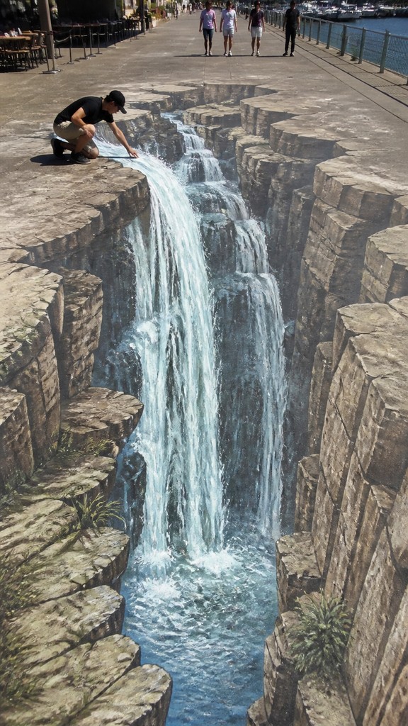 towering waterfall cascading down a cliff — 3D Illusion Street Art Style