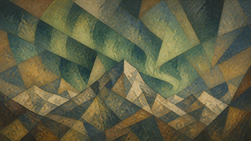 a flowing aurora over snowy peaks, wide sweeping composition, no people, no text — Proto-Cubism Art Style banner