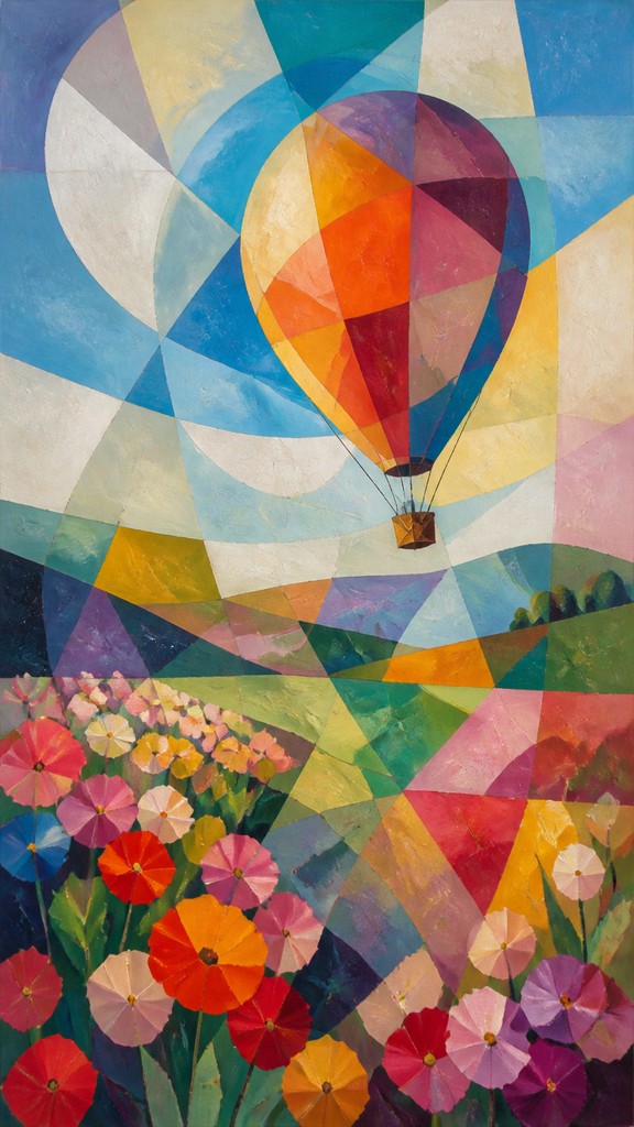 a hot air balloon drifting over rolling flower fields on a sunny day, cheerful, no text — Abstract Still Life Art Style greeting card
