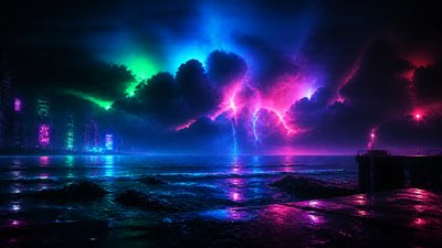 a panoramic ocean horizon with towering clouds at golden hour, no people — Cyberpunk Art Style wallpaper