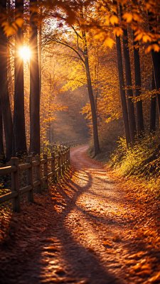 a winding forest path in golden autumn light, no people — Golden Hour Landscape Photography Style wallpaper