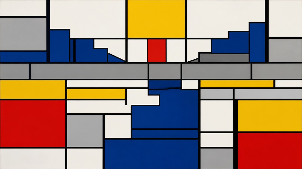 a vast valley with a river winding toward distant mountains at sunrise, no people, no text — De Stijl Art Style desktop wallpaper