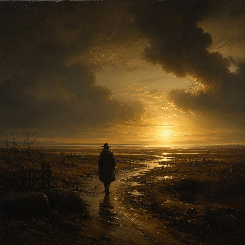 a solitary figure walking toward a glowing horizon across an empty plain, moody atmosphere, no text or lettering — Dutch Golden Age Still Life Art Style album cover