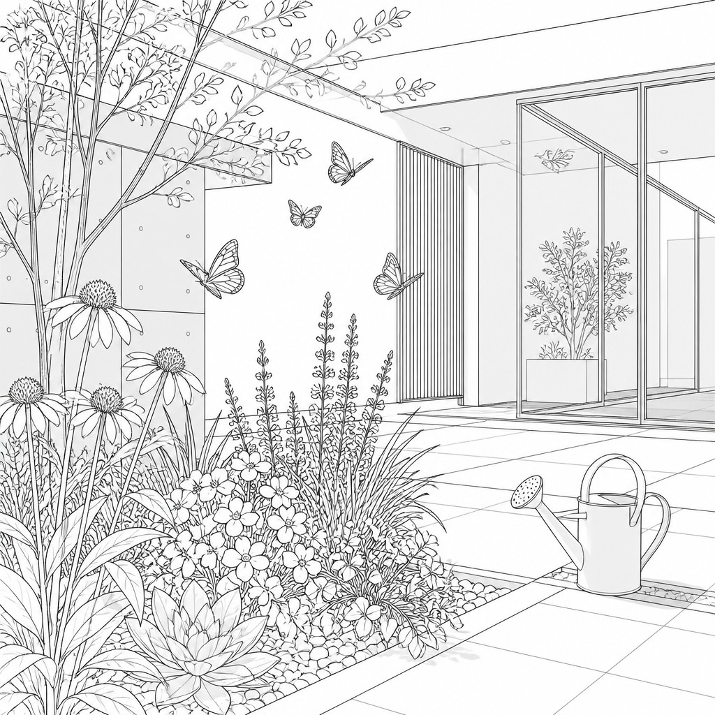 a garden scene with butterflies, flowers and a watering can, clean uncolored line art, no text — Modern Architecture Art coloring page