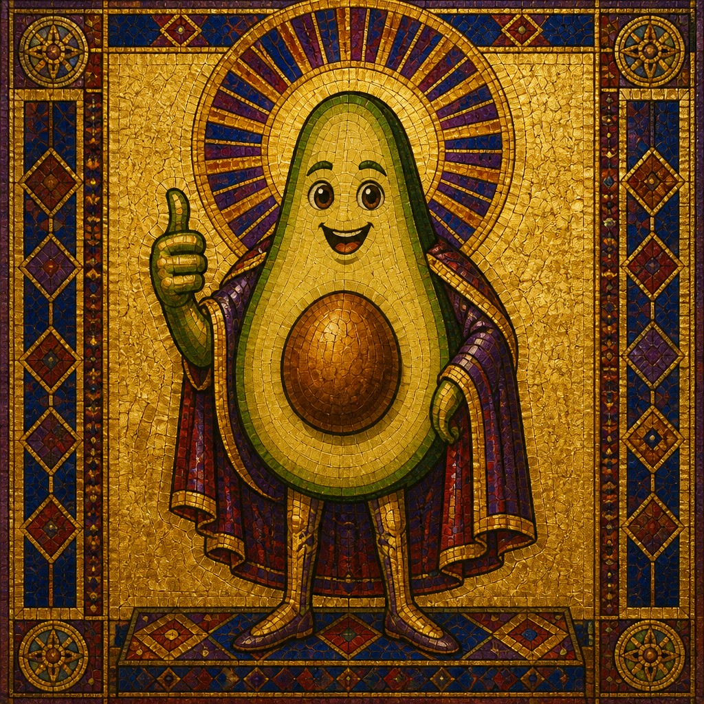 a happy avocado character giving a thumbs up, bold readable design on a plain background, no text — Byzantine Classical Art Style sticker