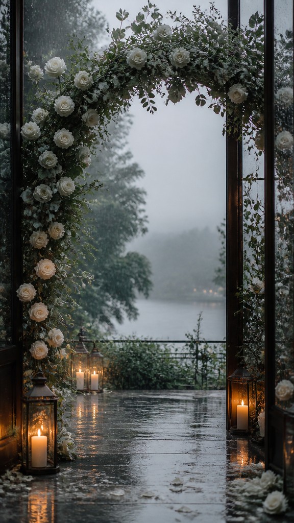 an arch of white roses and eucalyptus in soft morning light, elegant vertical composition with open space, no text — Rainy Day Aesthetic wedding invitation