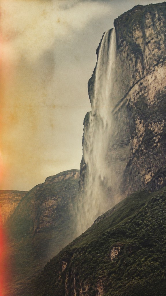 towering waterfall cascading down a cliff — Land/Environmental Conceptual Art Style