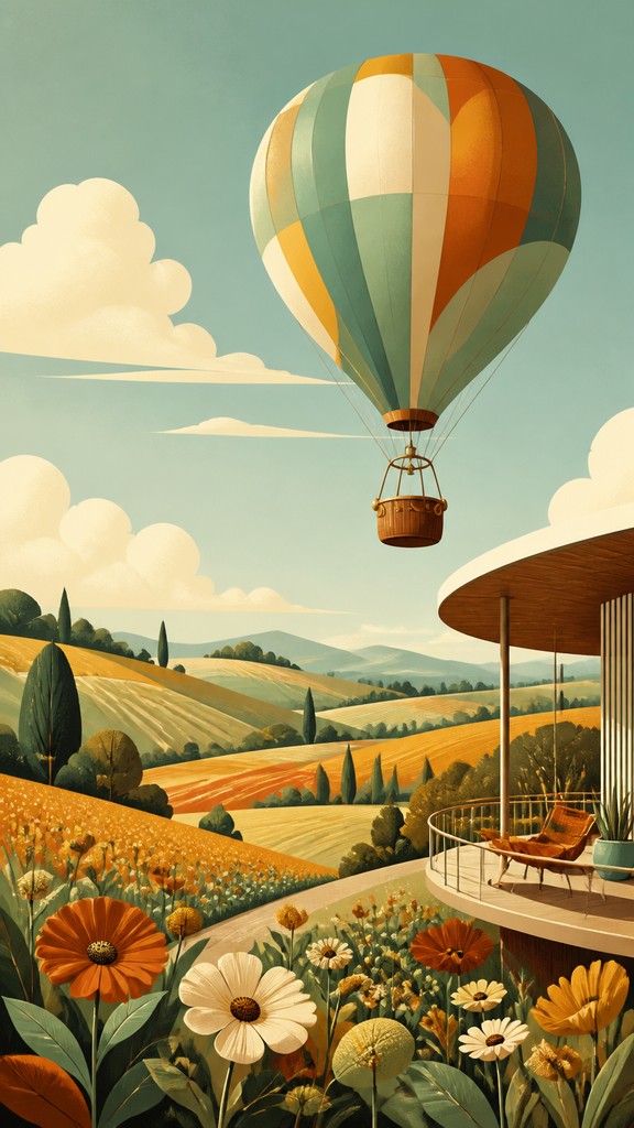 a hot air balloon drifting over rolling flower fields on a sunny day, cheerful, no text — Mid-Century Modern Interior Design greeting card