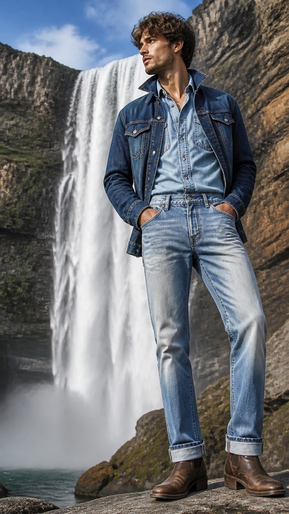 towering waterfall cascading down a cliff — Denim-on-Denim Fashion Style