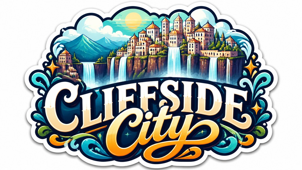 a cliffside city with waterfalls cascading into a misty canyon, wide establishing shot, no people, no text — Typography Sticker Design concept art