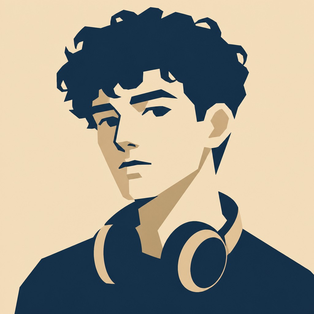 head-and-shoulders portrait of an original character: a young man with curly dark hair and headphones around his neck, plain backdrop, no text — Minimalist Geometric Art Discord profile picture