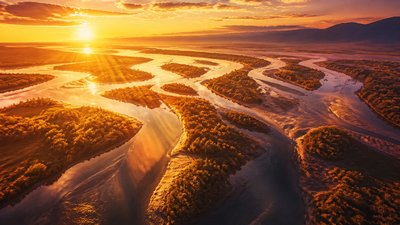 a wide river delta seen from above at sunset, no people — Golden Hour Landscape Photography Style wallpaper