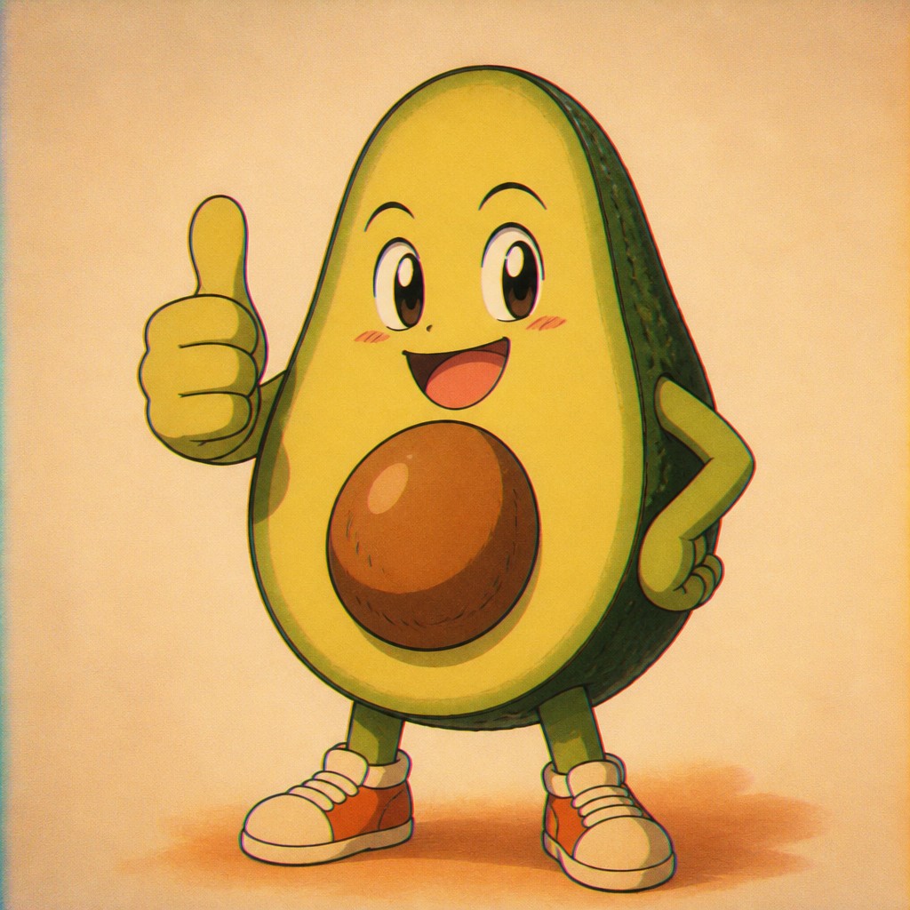 a happy avocado character giving a thumbs up, bold readable design on a plain background, no text — Vintage Retro Anime Art Style sticker